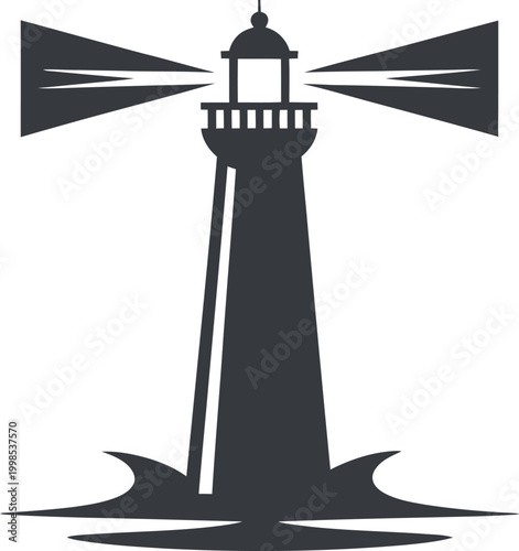 Lighthouse Silhouette with Beaming Light and Sea Waves - Nautical Safety and Guidance Concept Vector isolated on transparent background, PNG format