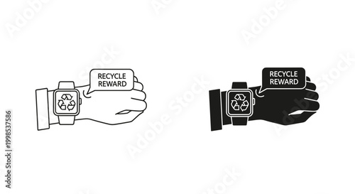 Recycle reward smartwatch icon set with hand outline and solid styles, white background, vector Illustration