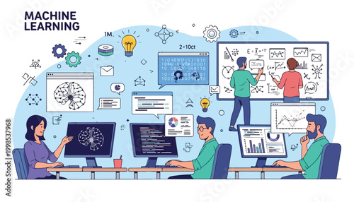 Illustration of a team of data scientists and engineers collaborating on machine learning and artificial intelligence projects, analyzing data, coding, and developing algorithms.