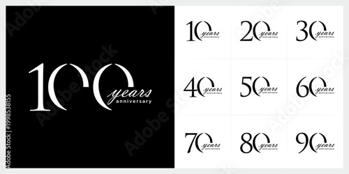 Set of 10 to 100 anniversary logo design. years celebration 10 to 100 logo icon vector collection. elegant luxury symbol concept.