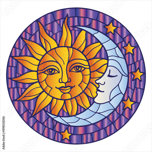 Quadro su tela Sun and Moon Stained Glass Celestial Vector