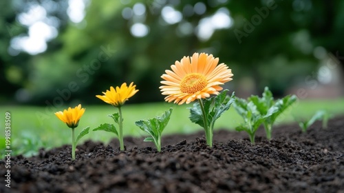 Flower growth progression in dark soil with green foliage background