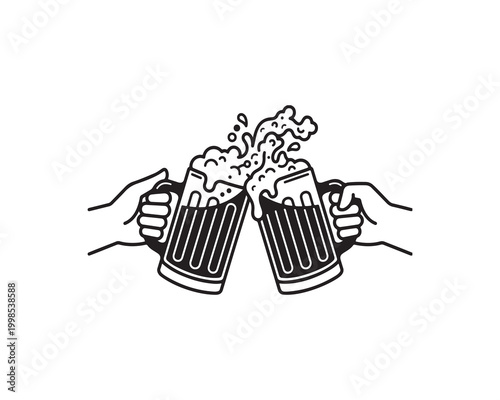  Minimalist black-and-white vector illustration of two beer mugs clinking together, foam overflowing, thick outlines and vertical glass texture lines, symbolizing celebration