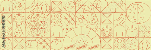 Pizza mosaic seamless pattern, flat line design, pizza ingredients and slices, abstract geometric design of Italian pizzeria