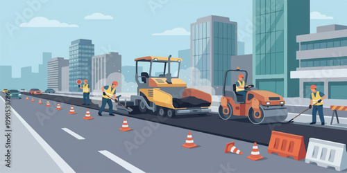Heavy industrial construction machinery and yellow transport vehicles work on the asphalt road traffic in the city