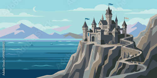 A historic stone church and gothic castle tower rise above the ancient mountains and sea in this medieval European landmark