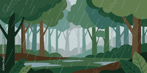 Cartoon vector illustration of a summer landscape with green trees and a blue sky reflected in a park lake