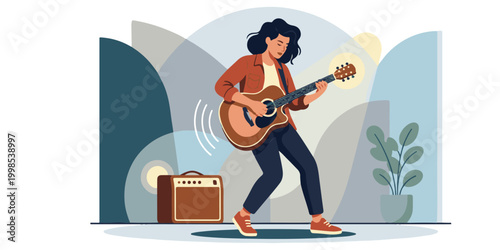 A cool rocker guy wearing jeans plays an electric guitar on the beach, performing as a musical artist and band musician to create a fun rock sound