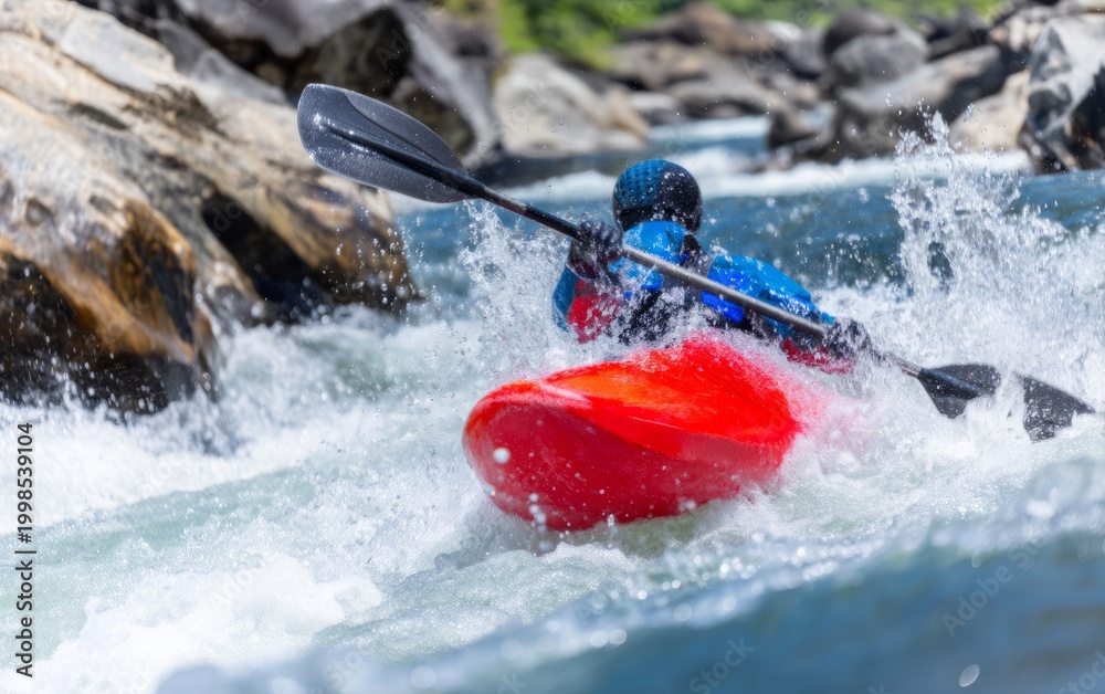 Fototapeta premium Kayaker Navigates Turbulent Rapids with Splashes in a Dynamic River Scene