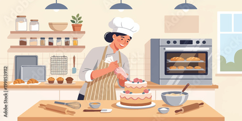 A smiling cartoon woman chef in a uniform hat prepares a delicious meal and pastry in a home kitchen illustration vector