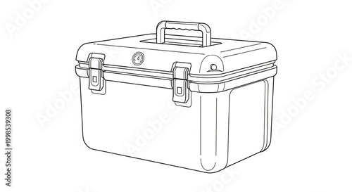 Line drawing of a closed cooler box with handle and latches on a white background
