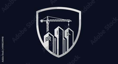 Construction logo with city buildings crane.