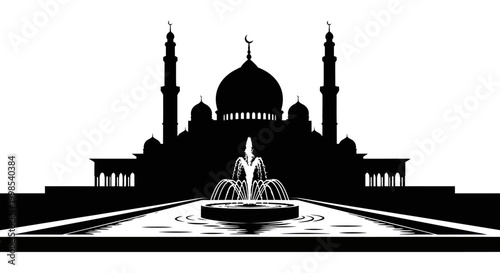 Slika na platnu EID-UL ADHA Mosque silhouette, Islamic architecture, black and white vector, mos