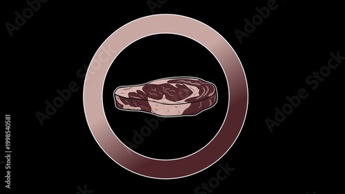 Premium Raw Beef Steak Floating in Circle Frame with White Outline, 4K Animated Food Icon with Alpha Channel, Seamless Loop