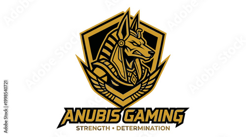 Anubis gaming mascot logo with gold shield and stylized text