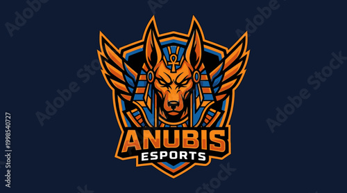 Anubis esports mascot logo with wings and shield