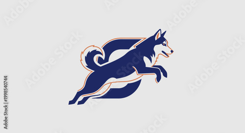 Athletic husky dog leaping in sports mascot style logo