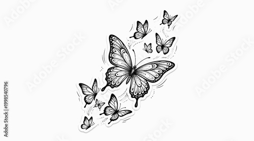 Black and white butterfly swarm illustration on white background