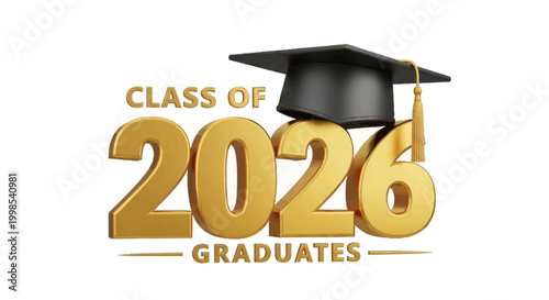 Class of 2026 3d icon. Congratulation graduates design template with black cap and numbers. Gold graduation typography education illustration for ceremony, party, greeting card. 3D Illustration