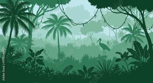 Vector jungle background with palm trees, exotic flora, stork outline and copy space. Green stock rainforest banner with silhouettes of tropical plants. Amazonian misty landscape