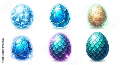 Dragon egg game icon set, vector cartoon magic dino stone kit, UI alien space rock fairy easter collection. Ice crystal glossy dinosaur sphere, marble blue gem rock on white. Fantastic dragon egg