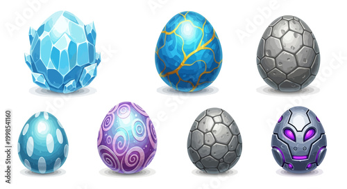 Dragon egg game icon set, vector cartoon magic dino stone kit, UI alien space rock fairy easter collection. Ice crystal glossy dinosaur sphere, marble blue gem rock on white. Fantastic dragon egg