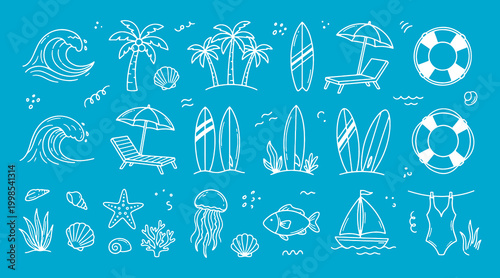 Beach icons set including palm trees surfboards lifebuoys and seashells on blue background