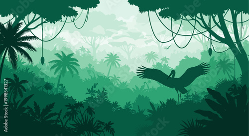 Vector jungle background with palm trees, exotic flora, stork outline and copy space. Green stock rainforest banner with silhouettes of tropical plants. Amazonian misty landscape