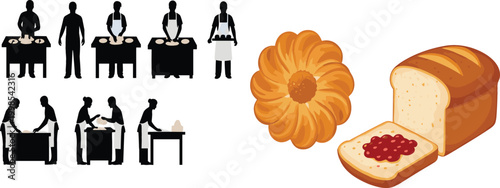 Baking process silhouettes with bread loaf and pastry vector illustration set, bakery and cooking concept