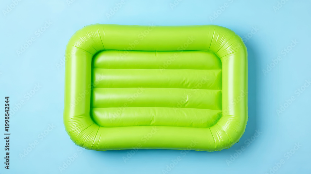 Naklejka premium Bright green inflatable air mattress resting on a light blue background. Minimal studio lighting emphasizes its smooth texture