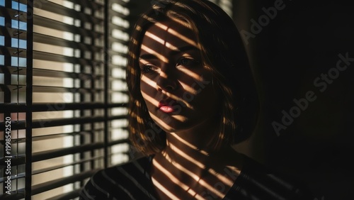 Pensive woman by a window with shadows from blinds on her face.
