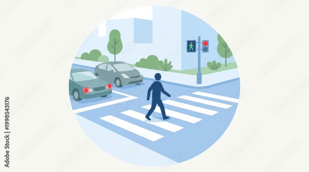 Fototapeta premium Pedestrian Crosses Crosswalk While Cars Wait at Traffic Signals During Daylight in a Cityscape