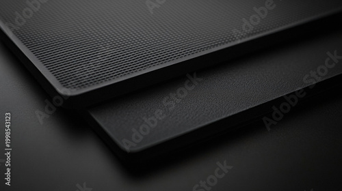 Minimalist abstract product shot, advanced matte charcoal rubber panel, laser-etched grid pattern texture upper part, material design catalog, copy space