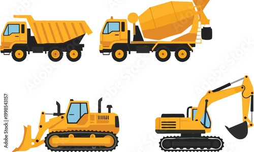 Construction heavy machinery vector set with dump truck, concrete mixer, bulldozer and excavator