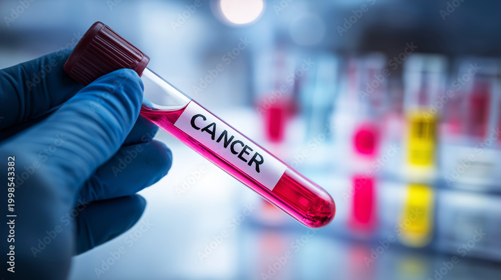 Fototapeta premium Hand holding test tube labeled CANCER, conducting medical research and diagnostic testing in a science laboratory
