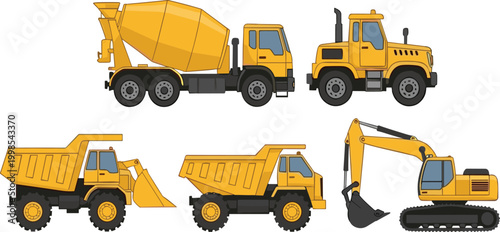 Construction vehicles illustration set with excavator dump truck concrete mixer and heavy machinery equipment vector collection