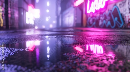 Wet city street at night with neon lights reflections