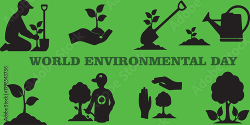 World Environmental Day vector icon set, black silhouette gardening and reforestation symbols, eco-friendly planting and nature conservation elements