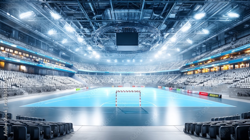 Obraz premium Spacious Handball Stadium with Central Court and Goal Structure in Focus
