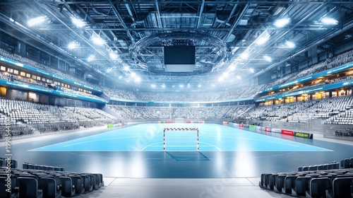 Spacious Handball Stadium with Central Court and Goal Structure in Focus