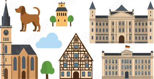European architecture and landmarks vector illustration set with historic buildings, church and traditional house