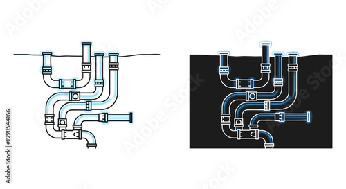 Underground pipe icon set with plumbing system and sewer lines, white background, vector Illustration