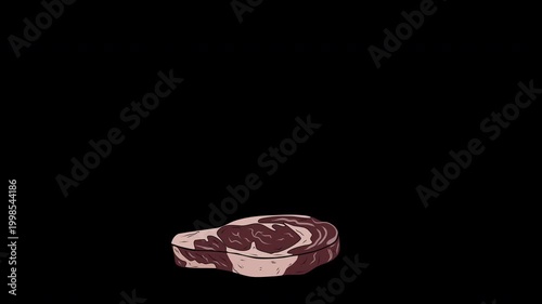 Stylized 2D Animated Beef Steak Falling with Jiggle Effect, 4K Hand-Drawn Meat Asset with Alpha Channel