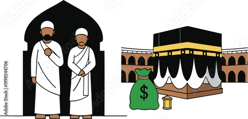 Hajj pilgrimage vector illustration set with Muslim pilgrims, Kaaba and tents, Islamic religious journey scenes with mountains isolated on white background