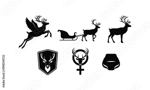 Christmas holiday deer, reindeer, flying, santa sleigh, stag, buck vector.