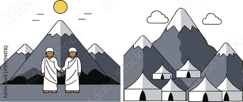 Hajj pilgrimage vector illustration set with Muslim pilgrims, Kaaba and tents, Islamic religious journey scenes with mountains isolated on white background