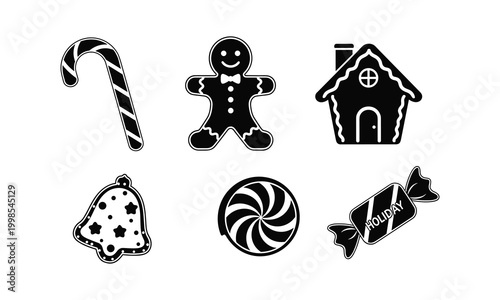 Christmas holiday food icons silhouette set, candy cane gingerbread house vector.