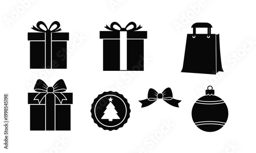 Christmas holiday gifts, shopping bag, present, ribbon, christmas ball vector.