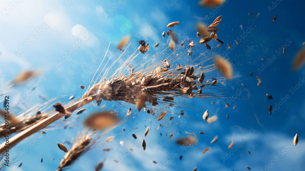 Fototapeta premium Wheat stalk breaking apart, golden grains scattering in sunny blue sky, harvest and agriculture concept