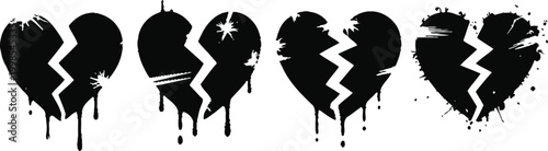 Broken heart silhouettes with grunge paint splatters and dripping ink for emotional design.